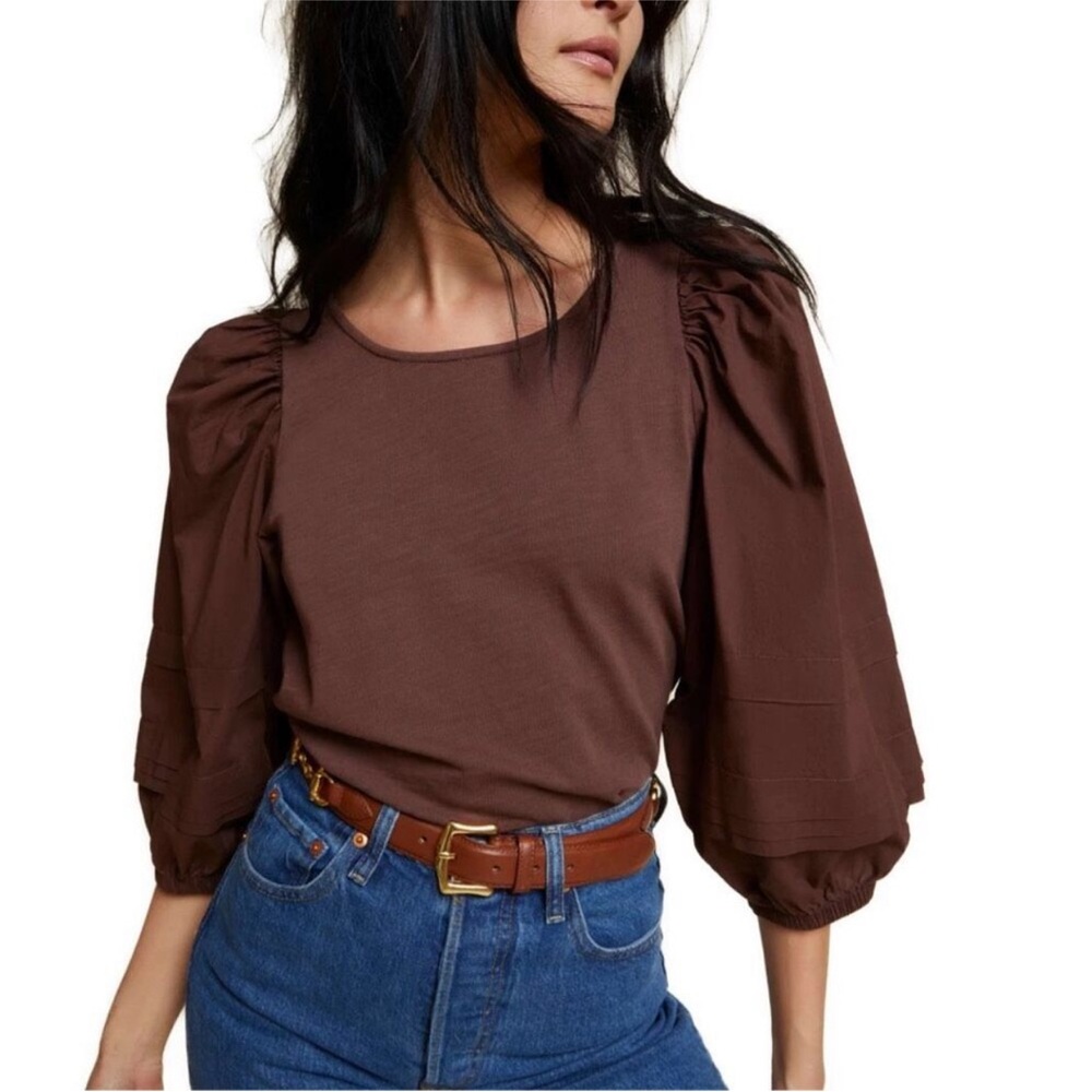 Nation LTD Blouse Top Sz L Pinot Noir Gracie Pintuck Combo Puff Sleeve Cut Out